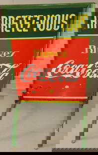 Stop Drink Coca Cola Porcelain Double Sided Sidewalk Sign: marked Made in Canada 1941 and is in French. Porcelain is in good condition with some minor chips on both sides. 26.5" x 28" x 46"