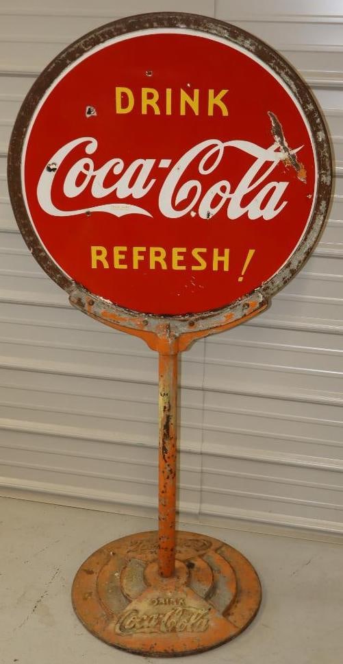 Drink Coca Cola Refresh! Double Sided Porcelain Lollipop Curb Sign (1 of 10)