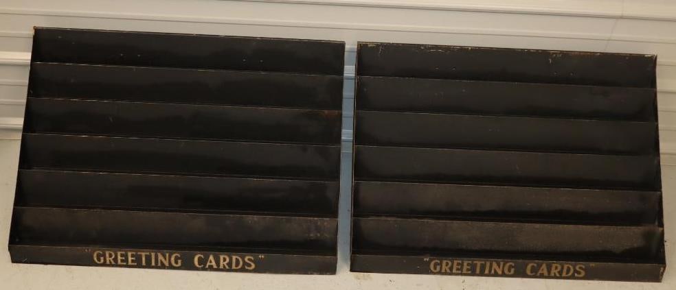 Group of 2 Early American Greetings Tiered Greeting Card Displays: Property of American Greetings Publishers Cleveland stamped on back. 30" x 2" x 24"