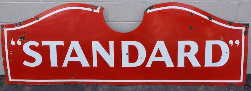 Standard Esso Single Sided Porcelain Advertising Sign: 92" x 32" Sign has good color in gloss with chipping throughout and has been cut at the top