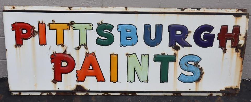 Pittsburgh Paints Single Sided Embossed Porcelain 12 color Advertising Sign: 26.5" x 68.25"