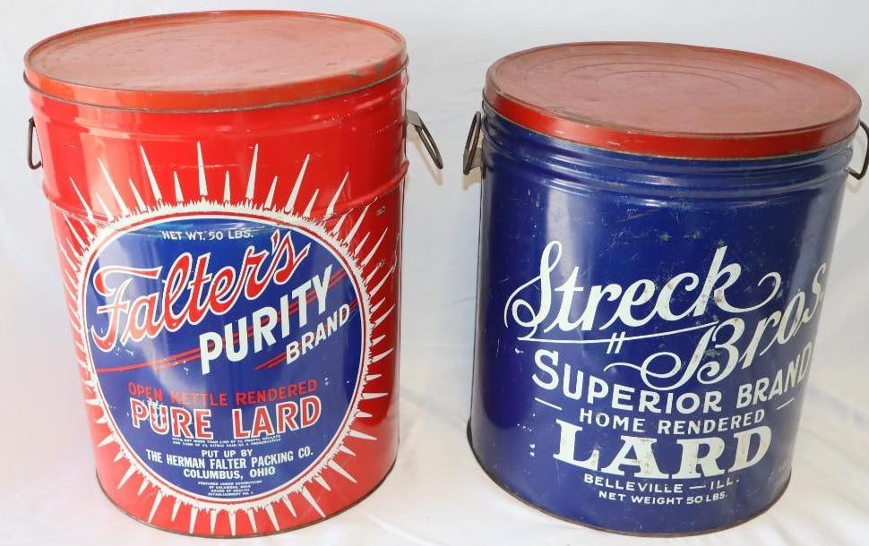 Group of 2 Streck Bros & Falter's 50lb Lard Advertising Cans: largest 12" x 12" x 15.5"