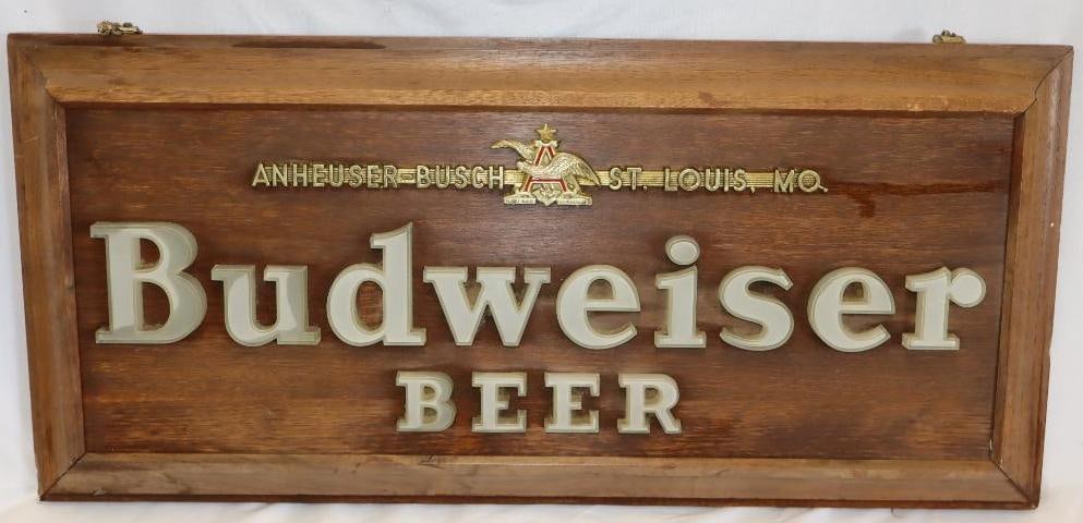 Anheuser Busch Budweiser Beer Double Sided Wood Plastic and Metal Hanging Sign (1 of 8)