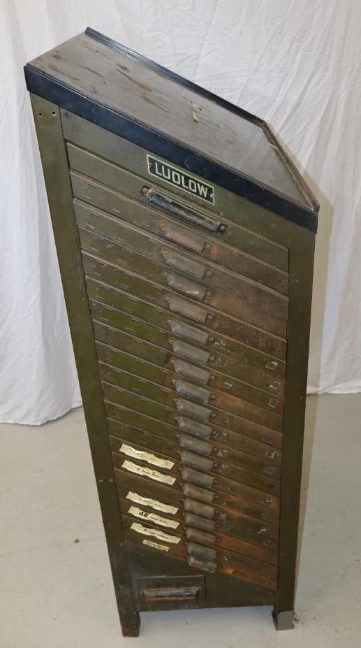 Ludlow 22 Drawer Typograph Cabinet: 19" x 57" x 28", all drawers are sectioned for print blocks