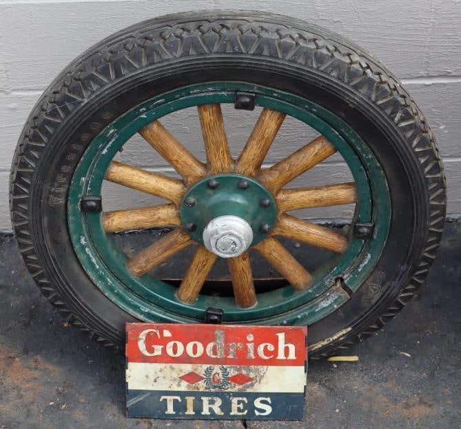 Firestone 4.5x20 Wood Spoked Rim & Tire with Aluminum Chrysler Hubcap & Goodrich Tires Display Stand (1 of 8)