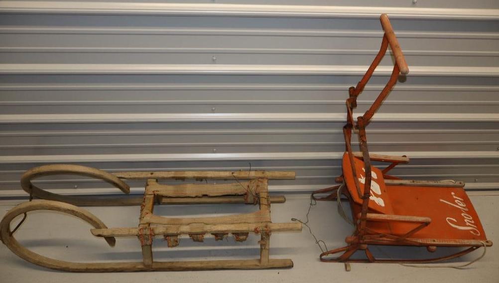 Group of 2 Early Childrens Wooden Sleds: 43" x 12" x 15, 25" x 14" x 13"