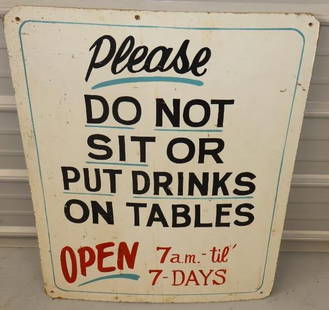 Please Do Not Sit or Put Drinks on Tables Hand Painted Wooden Advertising Sign: 24" x 30"