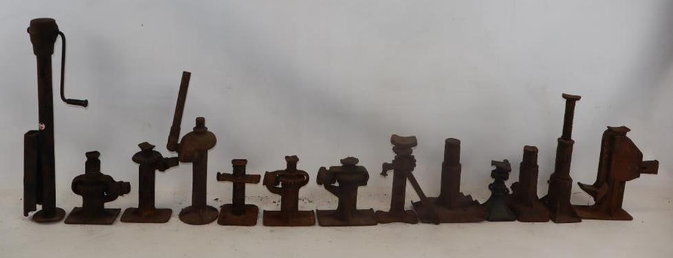 Group of 13 Early Automobile Jacks and Jack Wrenches: various sizes and weights