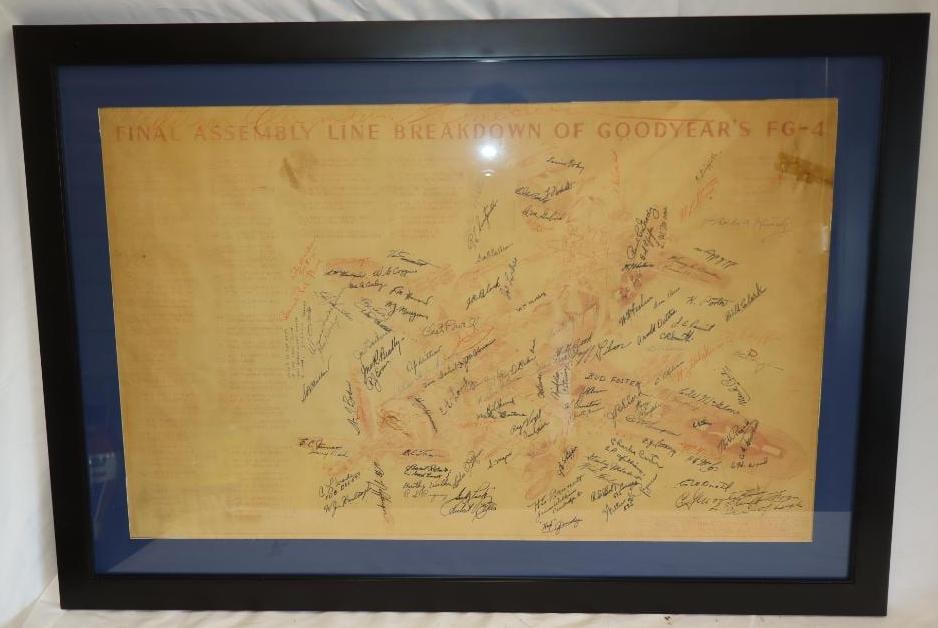 Framed WWII Era Goodyear Final Assembly Line Breakdown Airplane Sign Diagram: 27" x 39"