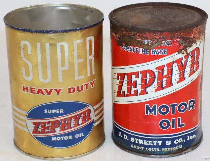 Group of 2 Zephyr and Super HD One Quart Metal Oil cans: HD is missing top lid. Empty. 32oz each