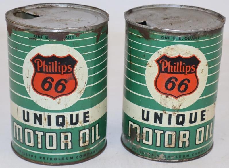 Group of 2 Phillips 66 Unique Metal One Quart Motor Oil Cans: Empty. 32oz each