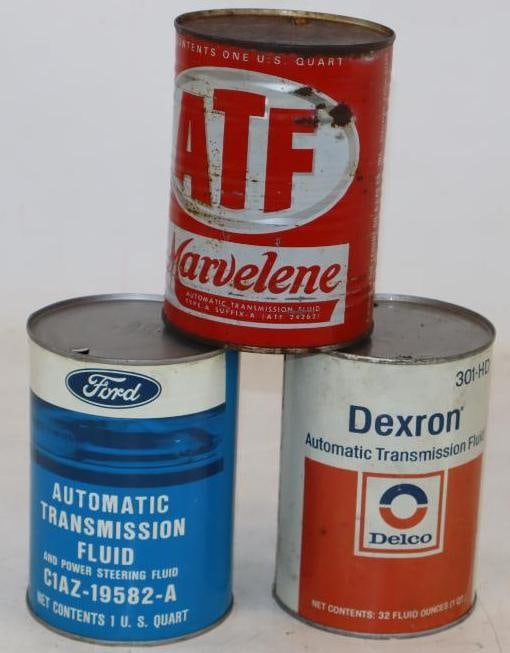 Group of 3 Delco, Ford, and Marvelene ATF Metal One Quart Oil Cans: Empty. 32oz each