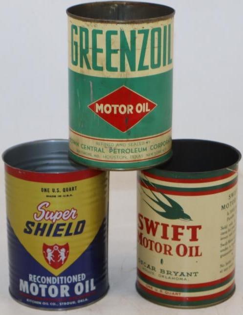 Group of 3 Swift, Super Shield, Greenzoil One Quart Metal Oil Cans: All are missing top lid. Empty. 32oz each