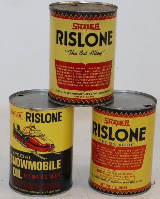 Group of 3 Risolene, and Snow Mobile One Quart Metal Oil Cans: Empty. 32oz each