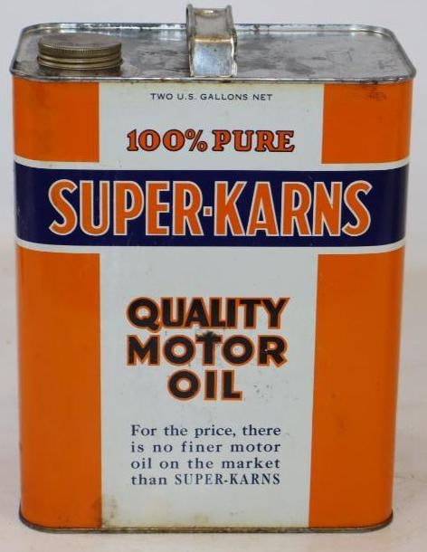 Super-Karns Metal Two Gallon Motor Oil Can: Empty. 2 Gallons