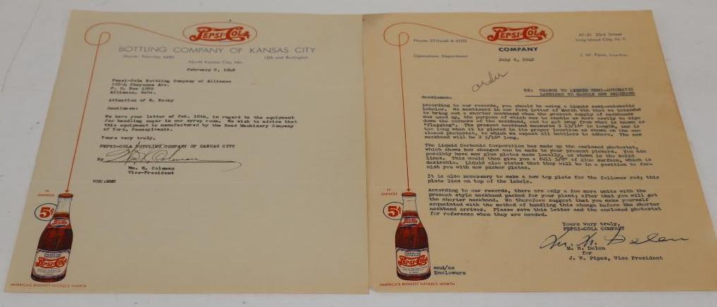 Group of 2 1940's Pepsi Cola Letters on Official Letterhead: 8.5" x 11" each