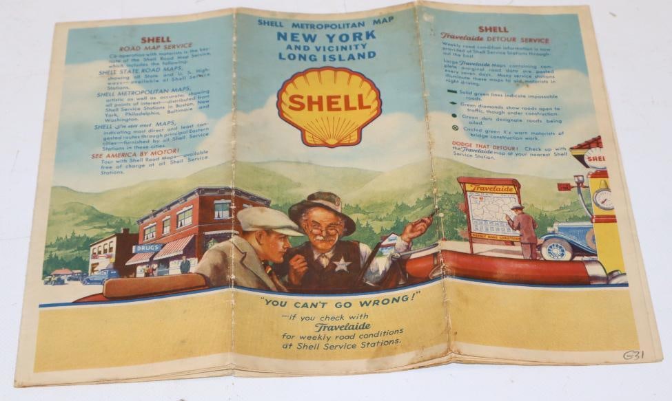 1920's Shell Oil 3 Panel Graphic New York City and Long Island Gas Station Map (1 of 5)