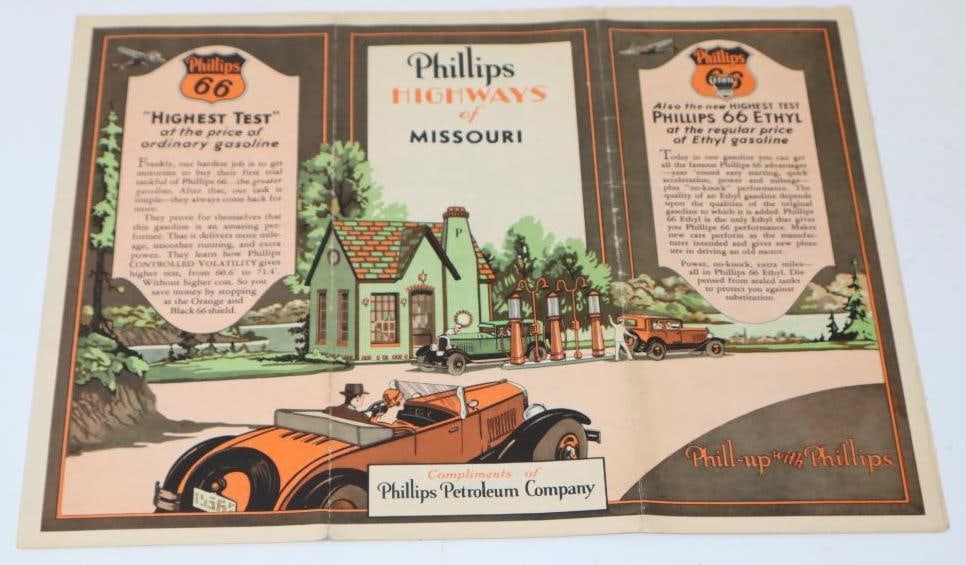 Phillips 66 3 Panel Advertising Missouri Gas Station Road Map with Gas Station Scene (1 of 4)