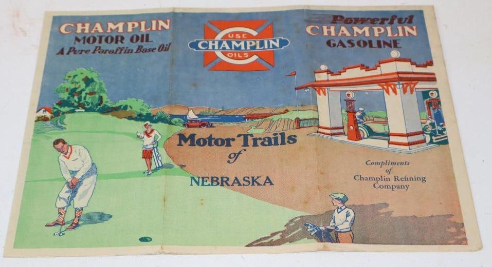 Champlin Motor Oil 3 Panel Advertising Nebraska Gas Station Map with Golfers and Gas Station Scene (1 of 4)