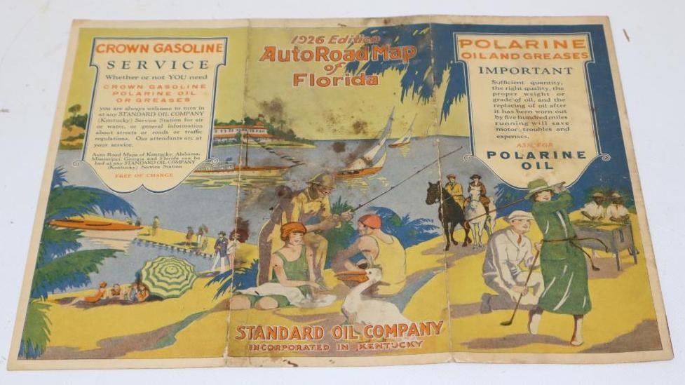 1926 Standard Oil Crown Gasoline 3 Panel Florida Gas Station Map with Beach Scene and Golfers (1 of 4)