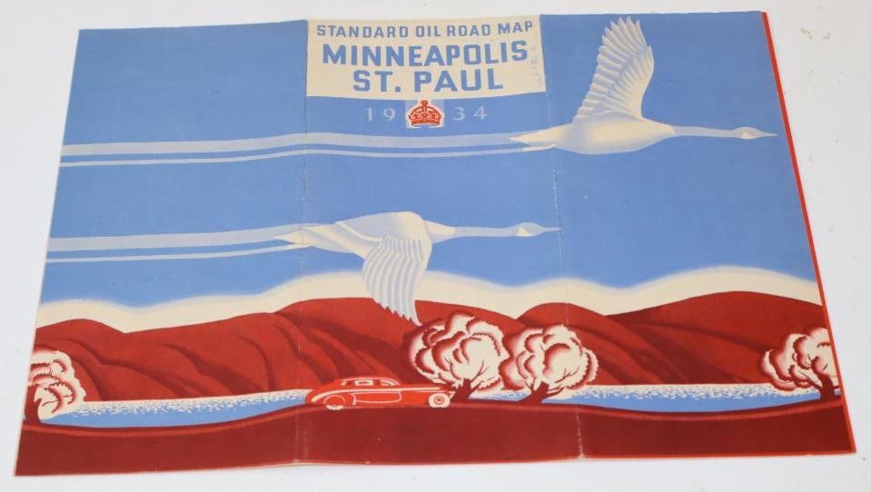 1934 Standard Oil Red Crown 3 Panel St Paul Minneapolis Mountain Scene Advertising Gas Station Road (1 of 4)