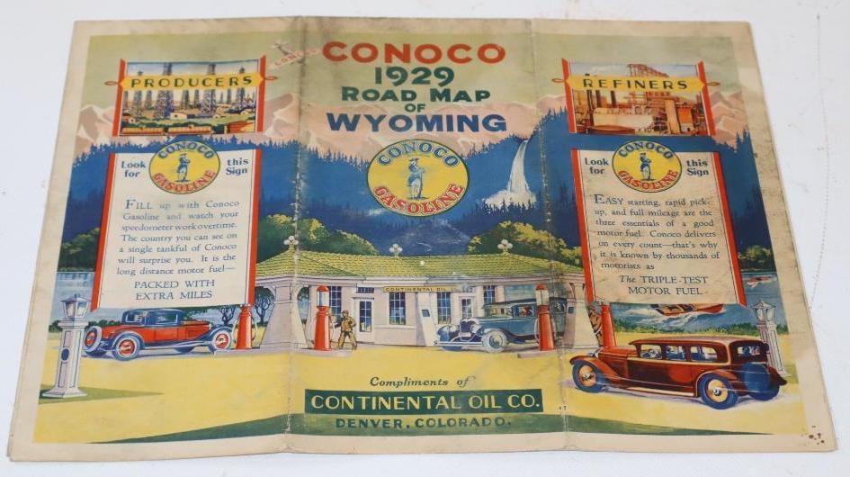 1929 Conoco Minuteman Gasoline/Polarine Gargoyle Oil 3 Panel Graphic Advertising Gas Station Road (1 of 4)