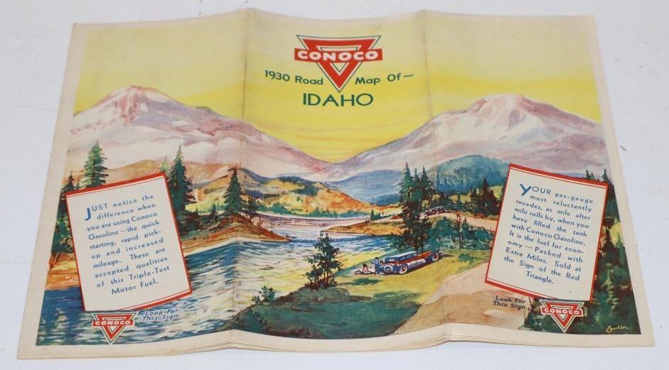 1930 Conoco 3 Panel Mountain Scene Idaho Advertising Gas Station Road Map (1 of 4)