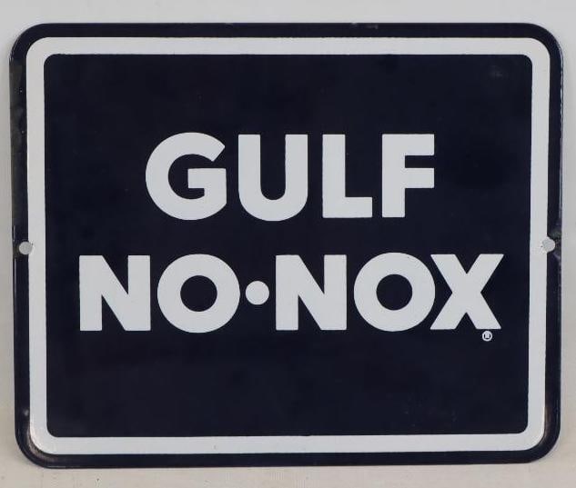 Porcelain Gulf No-Nox Advertising Gas Pump Plate: 10.5" x 8.5