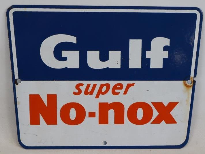 Porcelain Gulf Super No-Nox Advertising Gas Pump Plate (1 of 2)