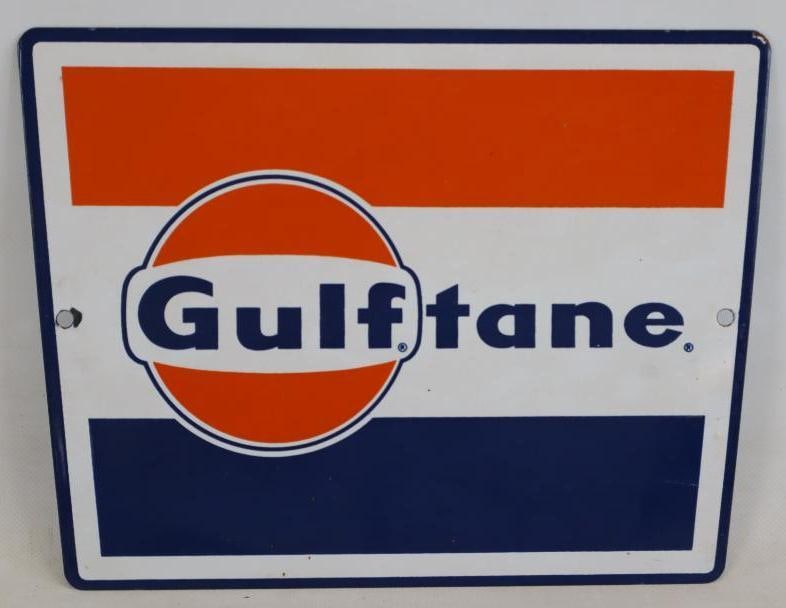 Porcelain Gulftane (Dog Ear Logo) Advertising Gas Pump Plate: 11.25" x 8.5"