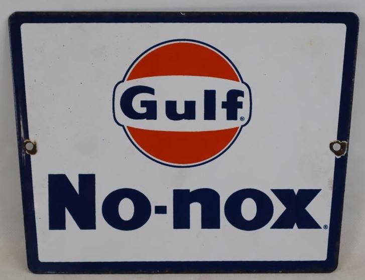 Porcelain Gulf No-Nox (Dog Ear Logo) Advertising Gas Pump Plate: 11.25" x 8.5"