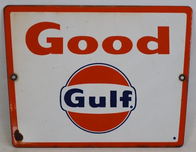 Porcelain Good Gulf (Dog Ear Logo) Advertising Gas Pump Plate: 11.25" x 8.5"