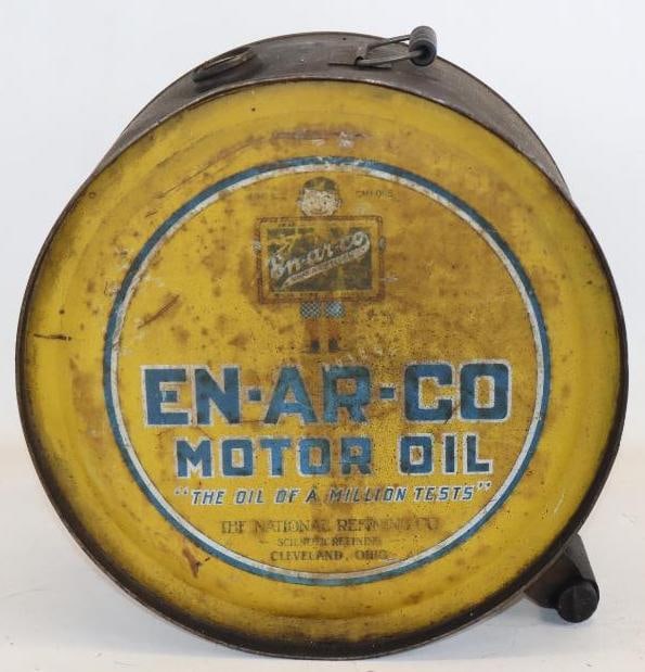 En-Ar-Co 5 Gallon Rocker Motor Oil Can: Missing lid. 8.5" x 9" x 17"