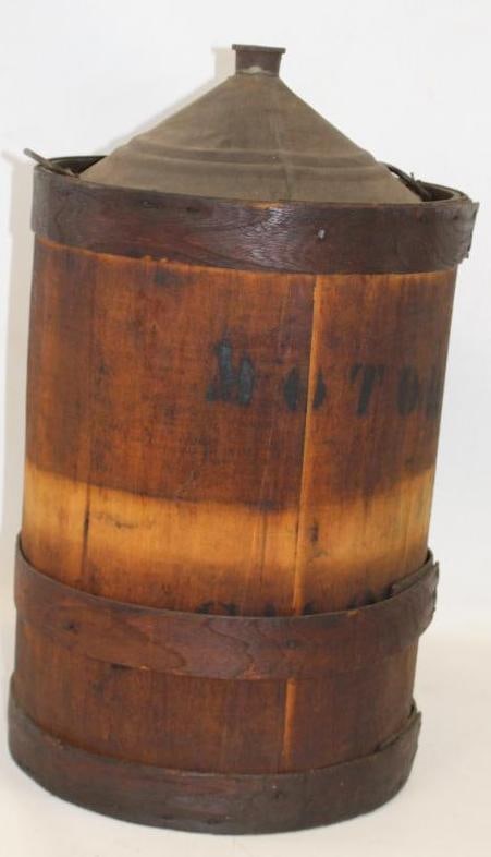 Early Automobile Motor Gasoline Wood Covered 10 Gallon Can: 12" x 12" x 23"