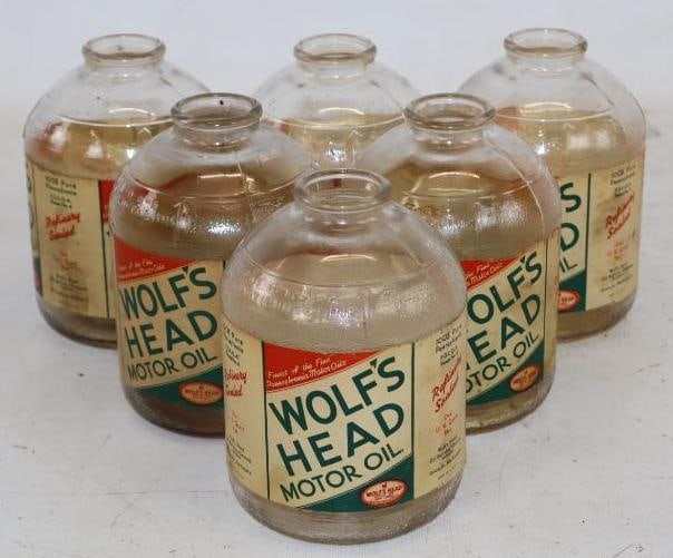 Group of 6 Wolf's Head Glass Wartime Motor Oil Jars with Paper Labels (1 of 5)