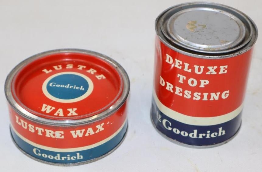 Group of 2 Goodrich Luster Wax & Deluxe Top Dressing Cans: Largest is 1 Pint