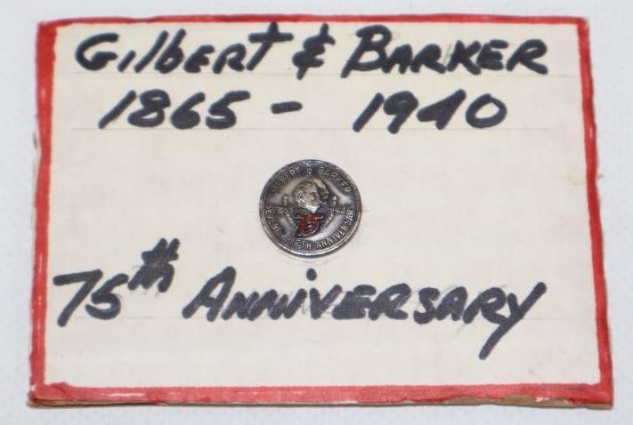 Gilbert & Barker 75th Anniversary 1940 Cloisonne Pinback Badge: .5" x .5"