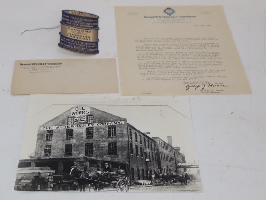 Group of 4 White & Bagley Company Picture, Letter, Envelope, and Barrel Shaped Postcard: largest 8.5" x 11", picture is reproduction