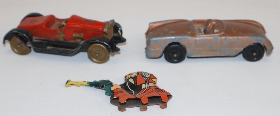 Group of 3 Tootsie Toy and Tin Litho Fighter Jet Pilot Cars and Toy Person: largest 3.75" x 1.5" x .75"