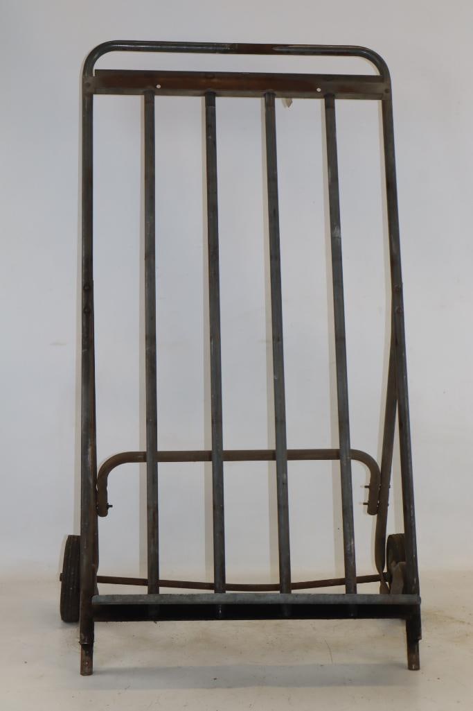 Unbranded Oil Can Rack on Wheels: 21.5" x 18.25" x 40.5" , Axel is bent, will be expensive to ship