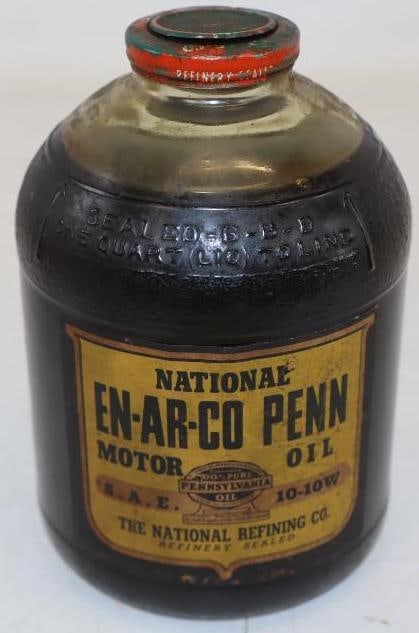 National En-Ar-Co Penn Full Wartime Motor Oil Jar with Paper Label: Full. One Quart