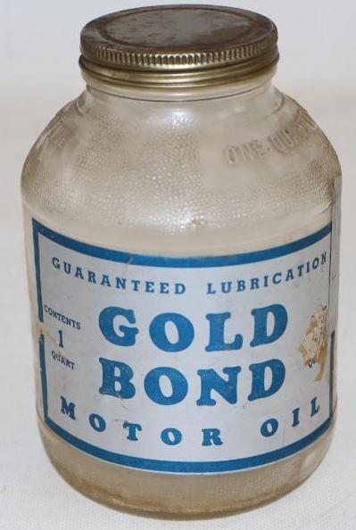 Gold Bond Wartime Motor Oil Jar with Paper Label: One Quart