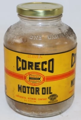 Coreco Wartime Motor Oil Jar with Paper Label: One Quart