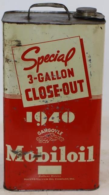Gargoyle Mobiloil 1940 Special Three Gallon Closeout Metal Oil Can: 3 Gallons