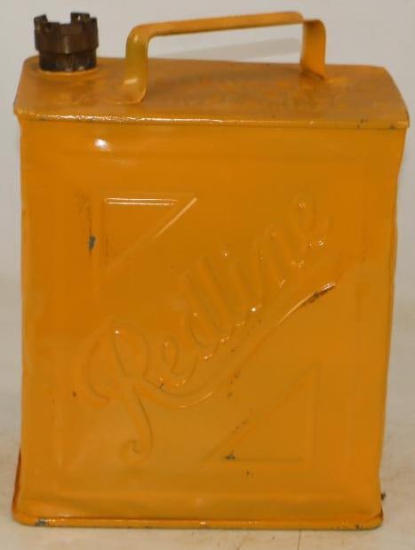 Redline Debossed Petroleum Spirit Oil Can with Shell Brass Lid: Appears to be repainted. 9.5" x 6" x 12"