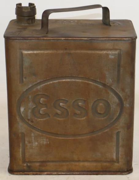 Esso Debossed Petroleum Spirit Oil Can with Shell Brass Lid: 9.5" x 6" x 12"