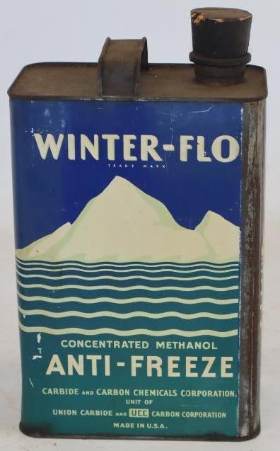 Winter-Flo Antifreeze One gallon Oil Can: Cap is replaced with a cork. Empty. 1 gallon