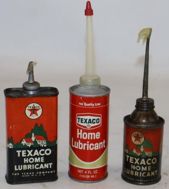 Group of 3 Texaco Home Lubricant Oiler Cans: 3 & 4 OZ, 1 can is full