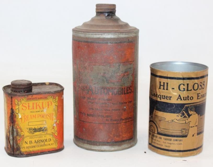 Group of 3 Richardson Metal Polish, Hi-Gloss Enamel, and Slikup Polish Cream Cans with Early: largest 1 quart