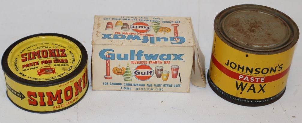 Group of 3 Gulf, Simoniz, & Johnson's Wax: Largest is 1 pound, Gulf wax is half full